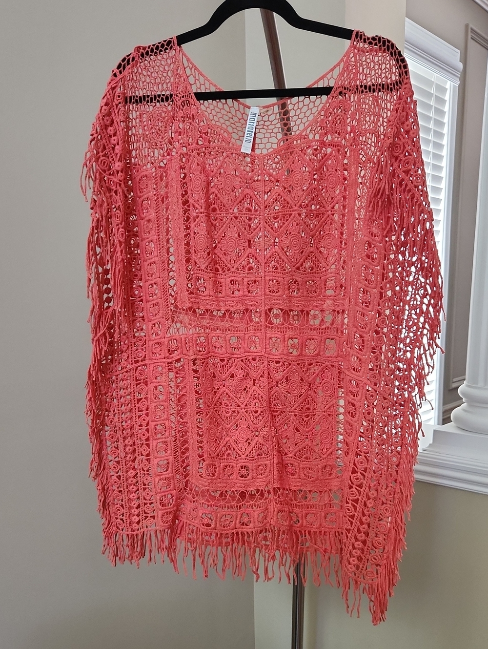 Coral Crochet Fringe Swim Cover-Up Tunic